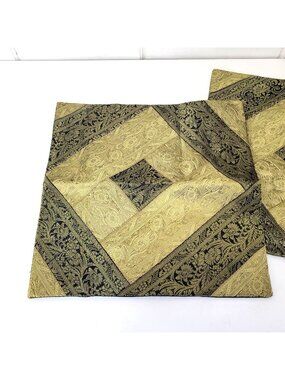 Luxury Gold & Black Brocade Pillow Covers With Floral Pattern - Set Of 2 16"x16"